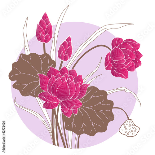Decorative chinese lotus flower with circled background of water