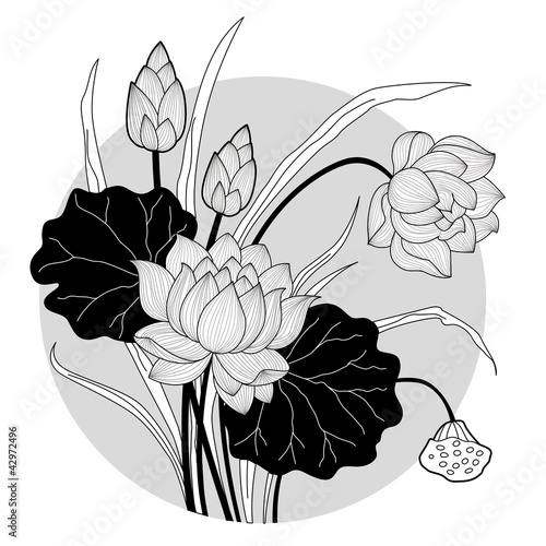 Decorative tattoo lotus flower with circled background