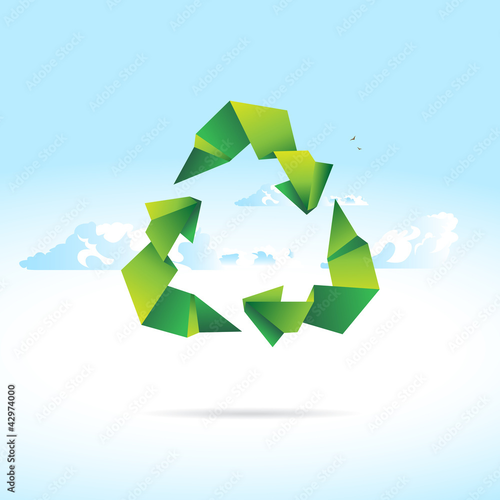 Sign of Recycling in form of origami paper with sky background Sign of Recycling in form of origami paper with sky background