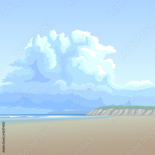 Background with big cloud over the long sandy coast.