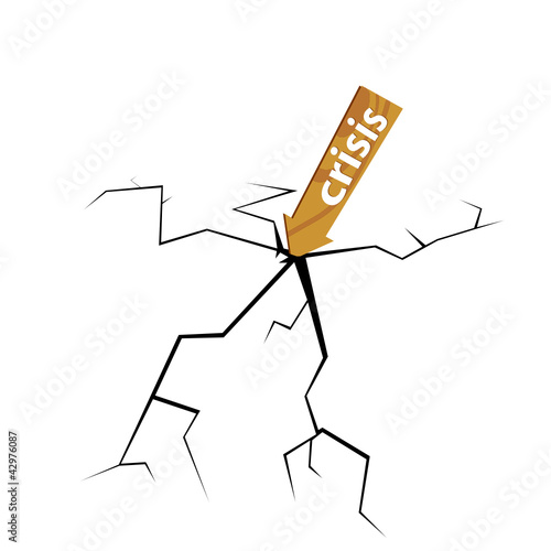 crack with wooden sign for crisis illustration
