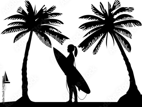 Beautiful young surfer girl standing on the beach silhouette