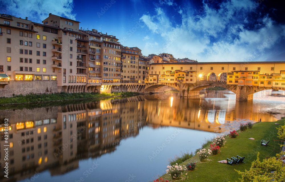 Ponte Vecchio view from Lungarni, Spring Sunset in Florence