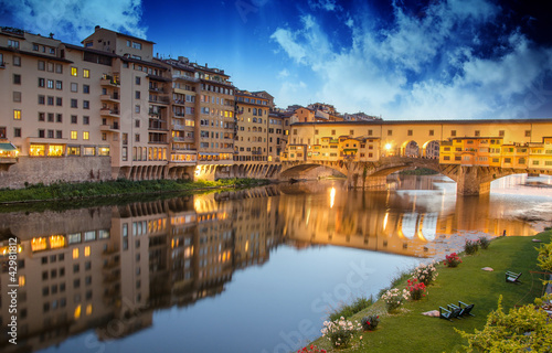 Ponte Vecchio view from Lungarni, Spring Sunset in Florence