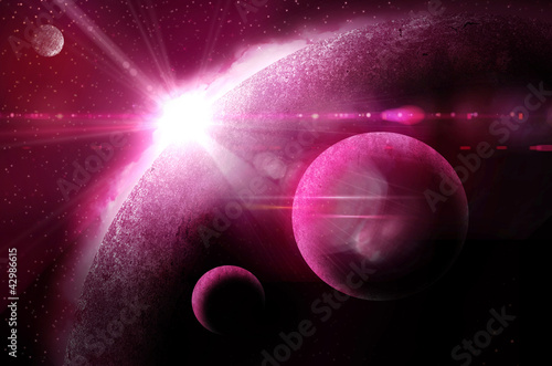Fototapeta Naklejka Na Ścianę i Meble -  Space view near a big purple planet with several moons