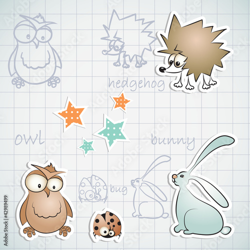 Set of three funny animals: hedgehog, owl and rabbit