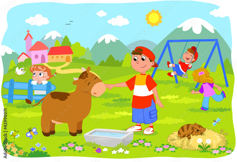 Naklejka premium Bambini in vacanza che giocano in montagna