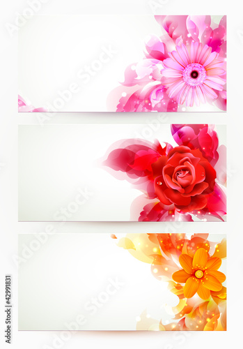 set of three banners, abstract headers with flowers