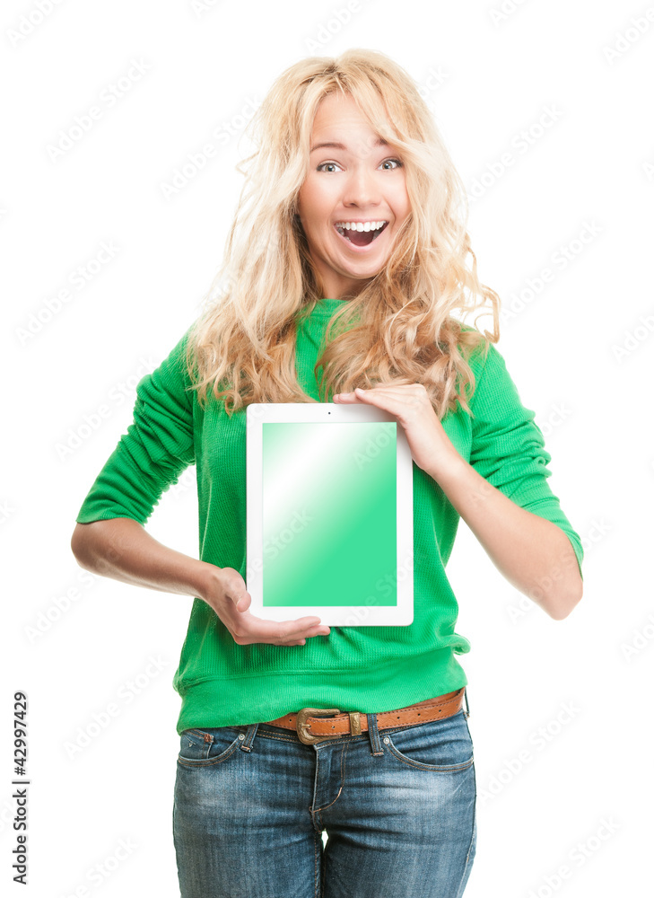Beautiful and happy young woman with tablet computer. Beautiful and happy young woman with tablet computer.