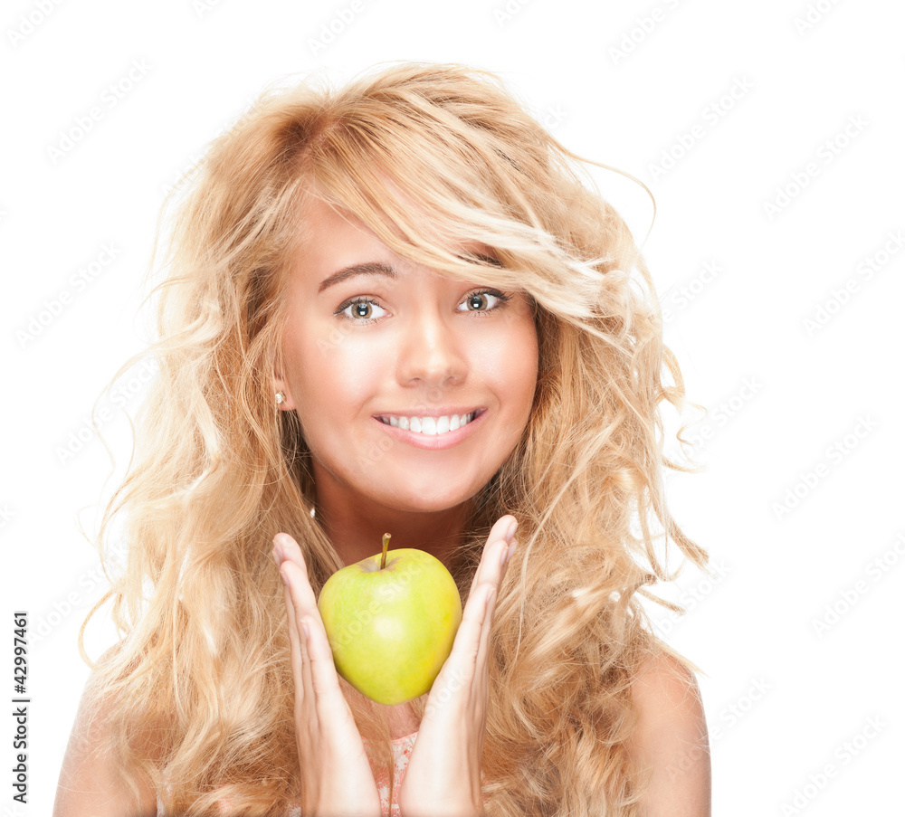 Beautiful and happy young woman with apple. Beautiful and happy young woman with apple.