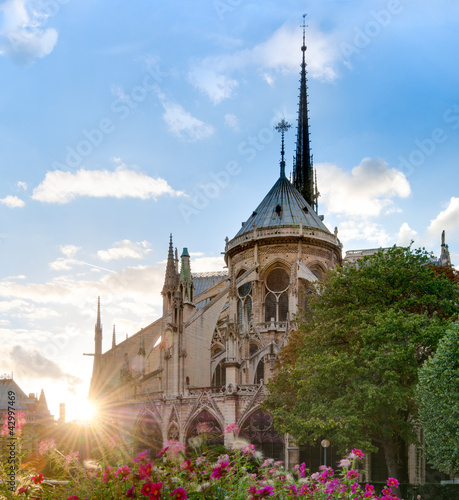 Sunset view of Notre Dame De Paris cathedral.