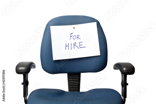 Office chair with a FOR HIRE sign isolated on white background
