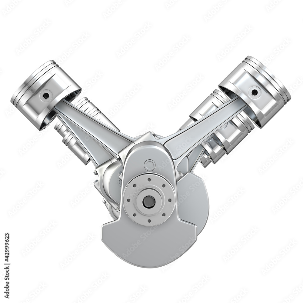 V8 engine pistons on a crankshaft, front view V8 engine pistons on a crankshaft, front view