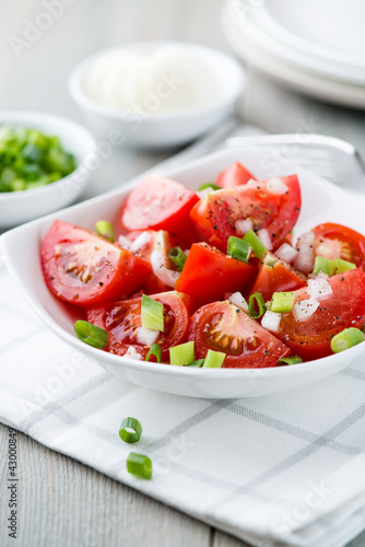 Tomato salad with onion and chive in a bowl