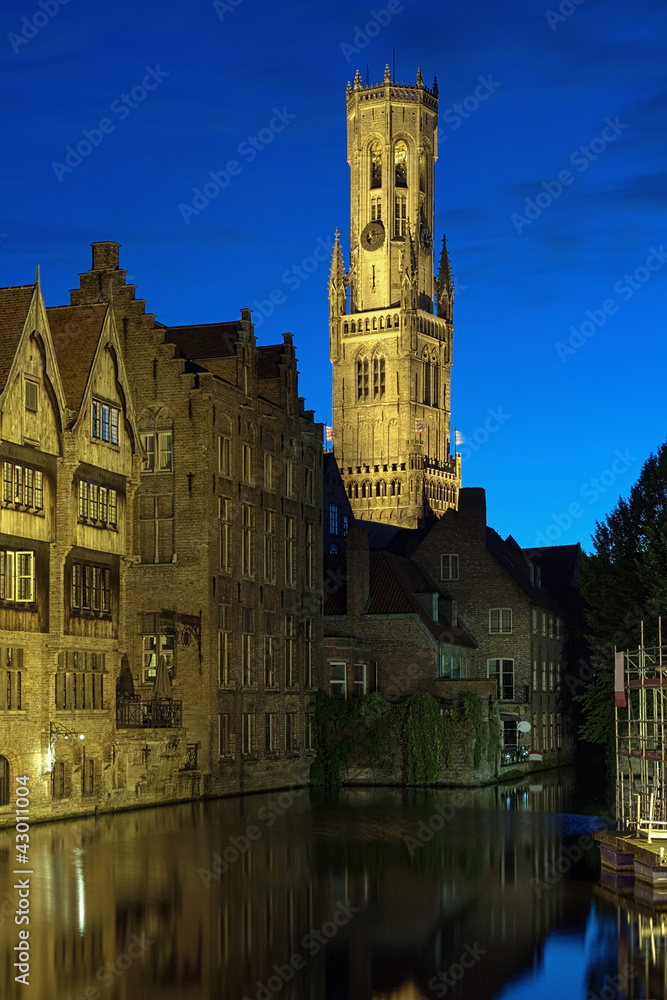 Evening view of Belfort tower in Bruges, Belgium