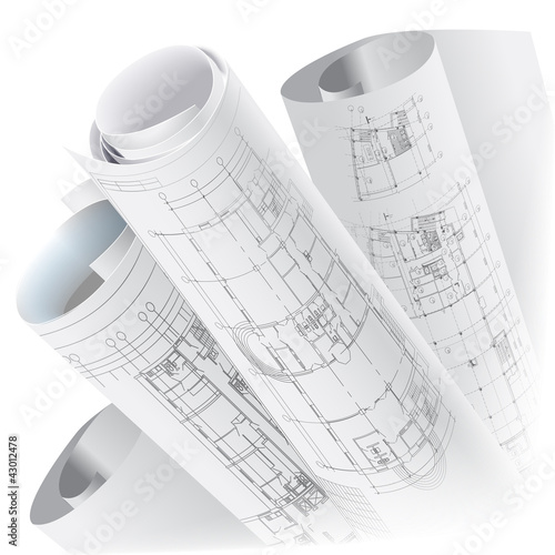 Architectural background with rolls of drawings