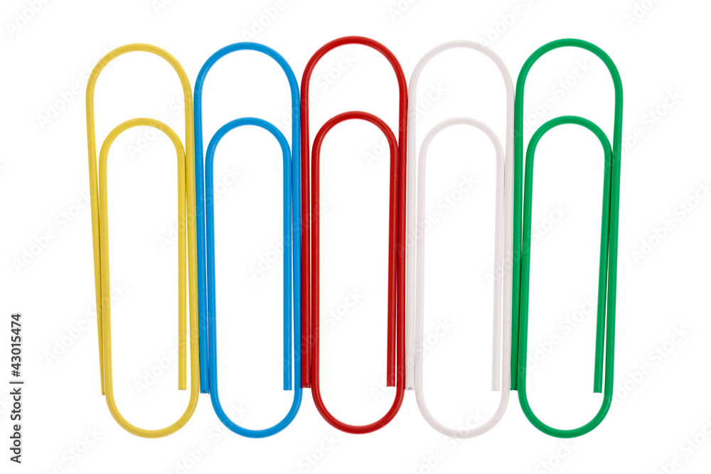 Multicolored paper clips in a row isolated on white Multicolored paper clips in a row isolated on white