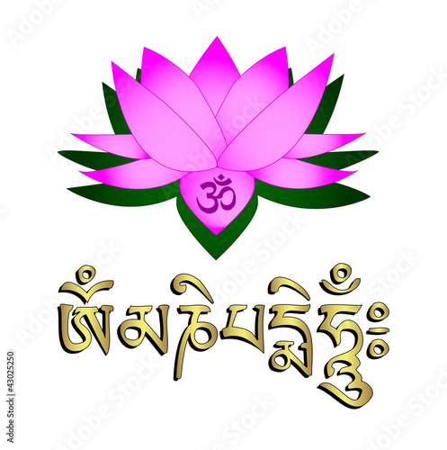 Lotus flower, om symbol and mantra 'om mani padme hum'