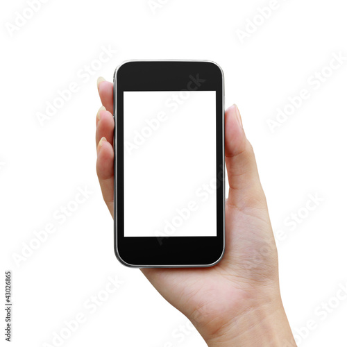 Modern mobile phone in a woman hand isolated