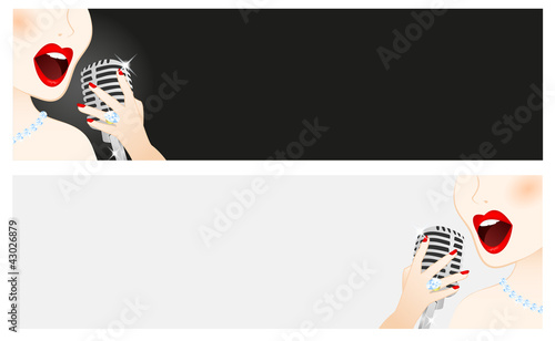 Banners of beautiful woman singing in microphone