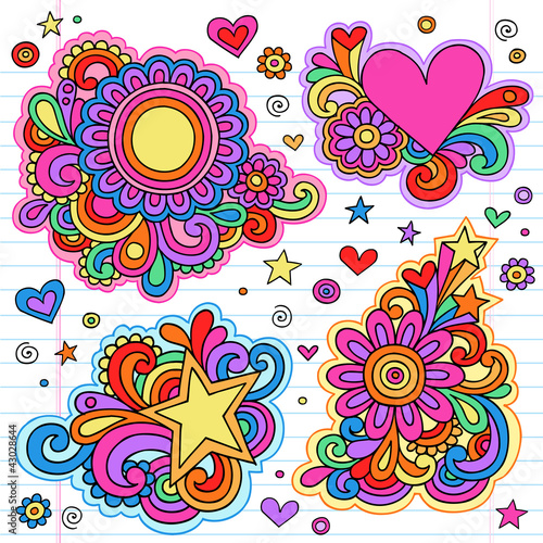 Flower Power Groovy Psychedelic Doodles Vector Set
