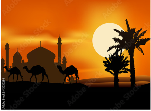 camel trip with mosque background