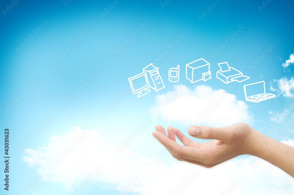 Hand handle cloud against blue sky with clouds on background. Fo Hand handle cloud against blue sky with clouds on background. Fo