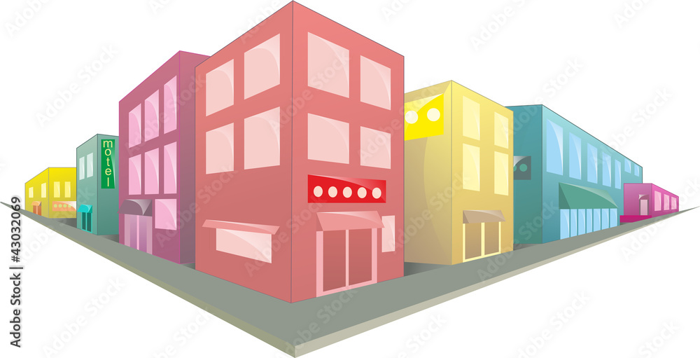 Isometric street of several buildings.