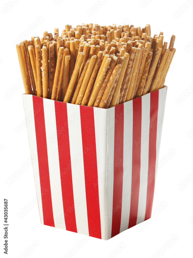 Salted pretzel salty sticks in red and white box Salted pretzel salty sticks in red and white box