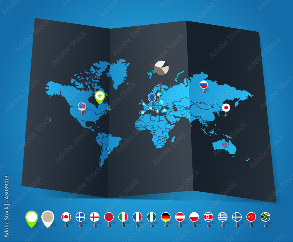 Obraz premium World map on old map and flags of different countries and symbol