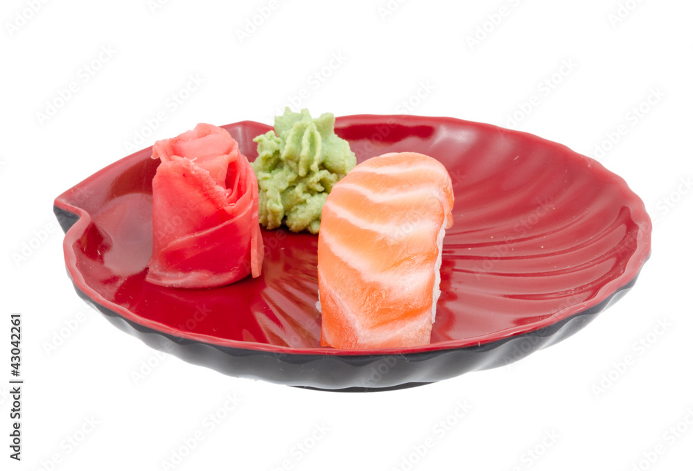 studio shoot of japanese sushi vaki with salmon on white backgro
