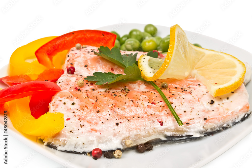 fillet of salmon with vegetables and peas fillet of salmon with vegetables and peas