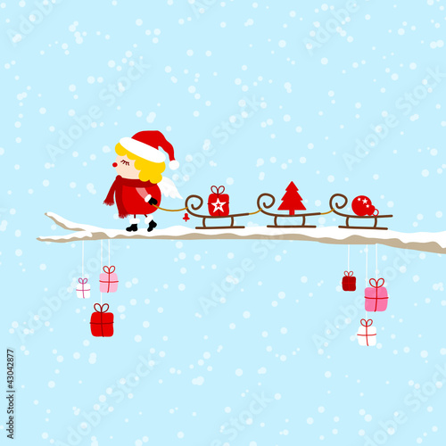 Angel Pulling 3 Sleighs Symbols On Tree Gifts Blue