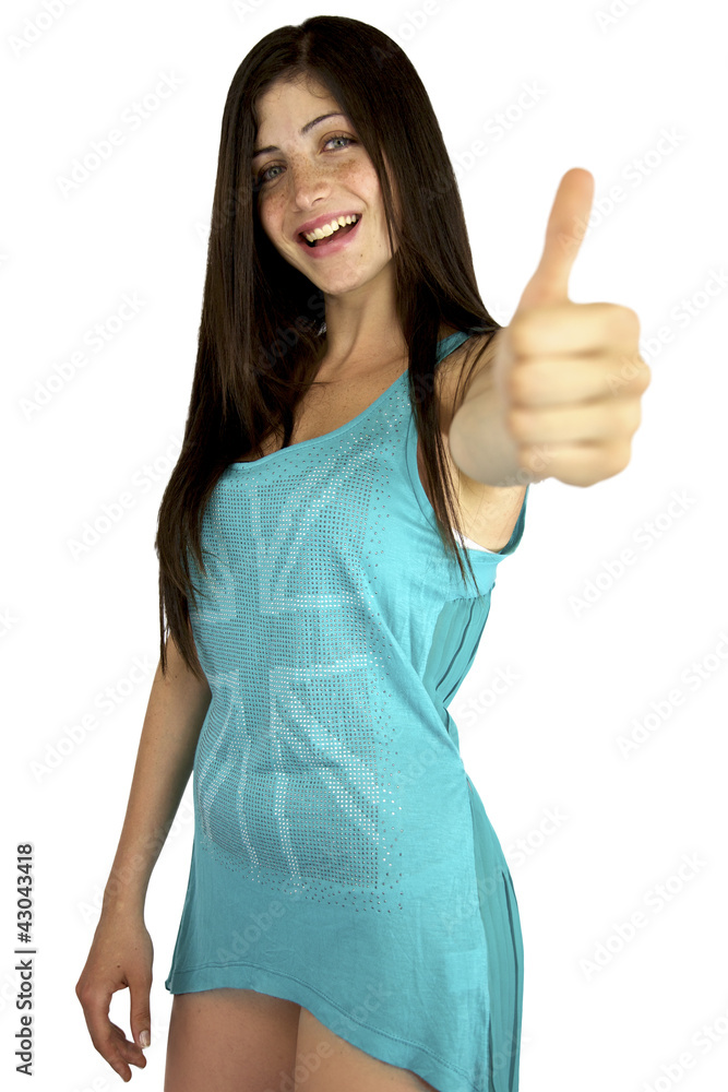 Beautiful girl smiling showing thumb up Beautiful girl smiling showing thumb up