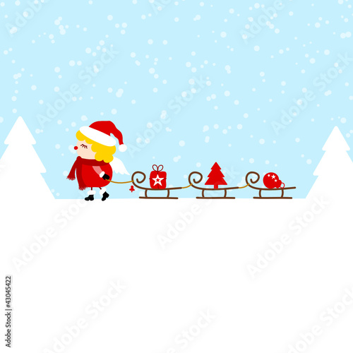 Angel Pulling 3 Sleighs Christmas Symbols Blue