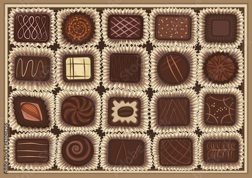 Vector illustration of assortment of chocolates in a box