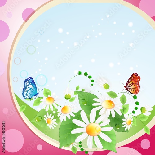 Summer background with flowers and butterflies