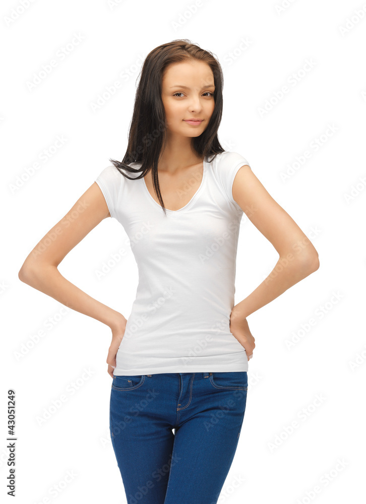 smiling teenage girl in blank white t-shirt smiling teenage girl in blank white t-shirt