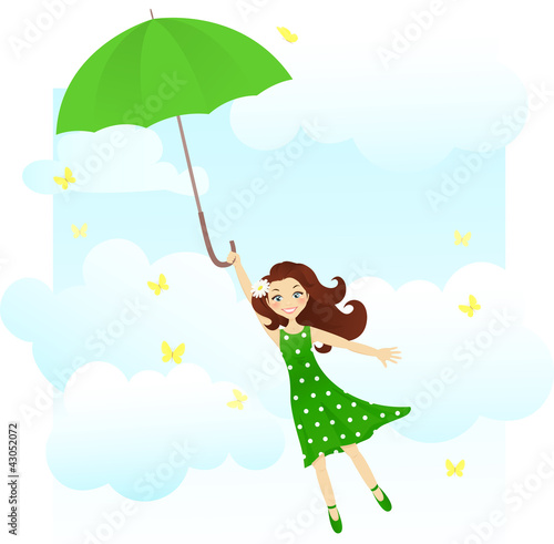 Cheerful girl flying on green umbrella