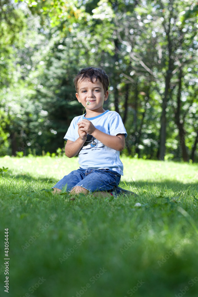 Cute boy with wildflowers sitting on green grass in park