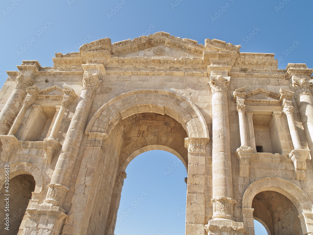 Hadrian's Gate in the Greco-Roman city of Jerash, Jordan. Hadrian's Gate in the Greco-Roman city of Jerash, Jordan.