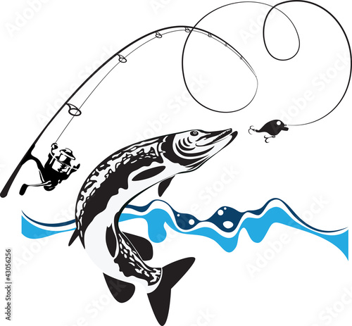pike, spinning, reel and wobbler, stylized composition