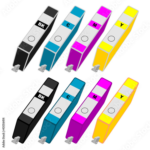 Ink cartridges with different colors over white background