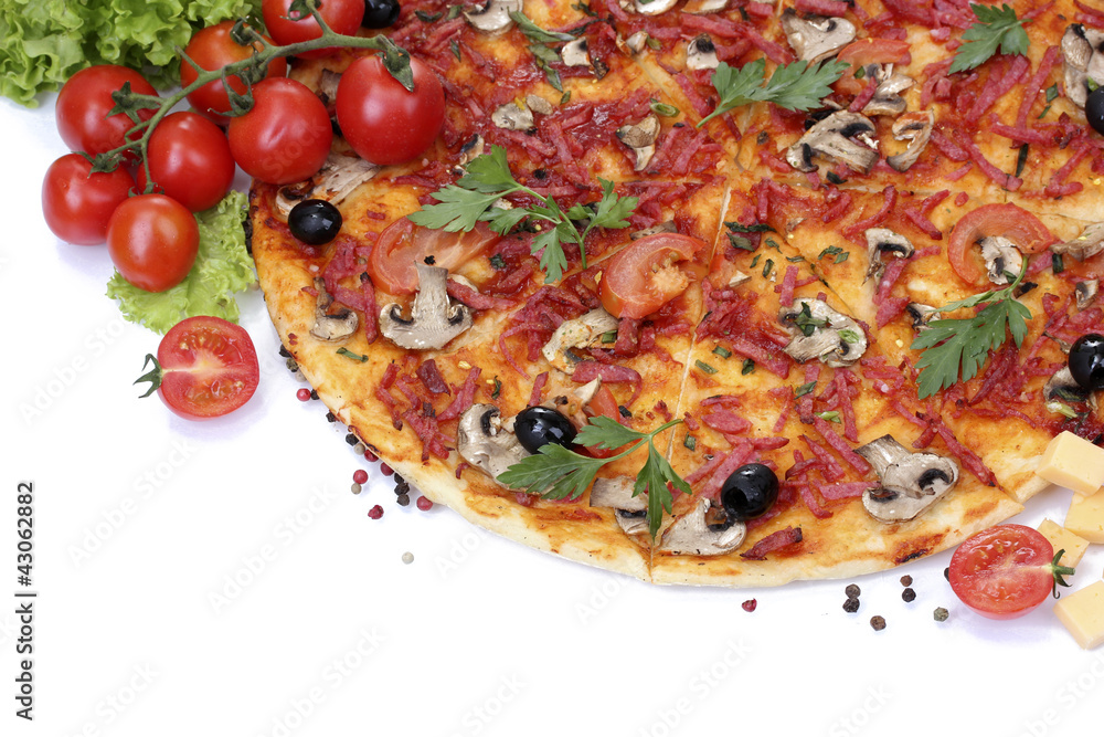 delicious pizza and vegetables isolated on white.