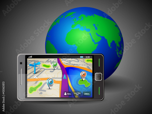 Navigation map, GPS screen on smart cell phone with world globe