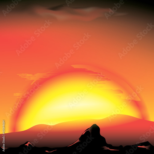 red sunset with silhouette of mountains - vector illustration