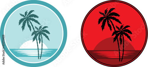 Tropical beach with palm trees. Emblem.