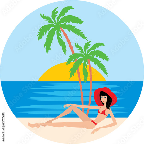 Tropical beach with palm trees and woman