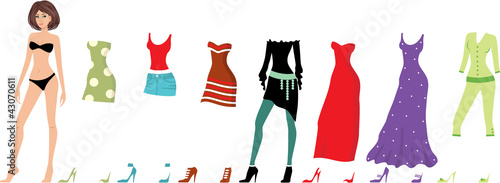 Young beautiful paper dolls with clothes set
