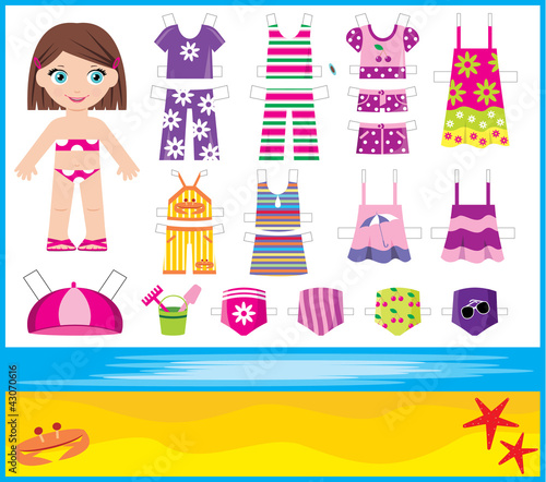 Paper doll with summer set of clothes